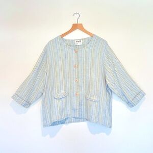 FLAX linen shirt jacket - oversized blue striped - L - EUC - Jeanne Engelhart